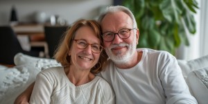 Portrait photography of an elderly couple sat on a sofa