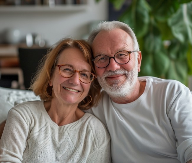 Portrait photography of an elderly couple sat on a sofa